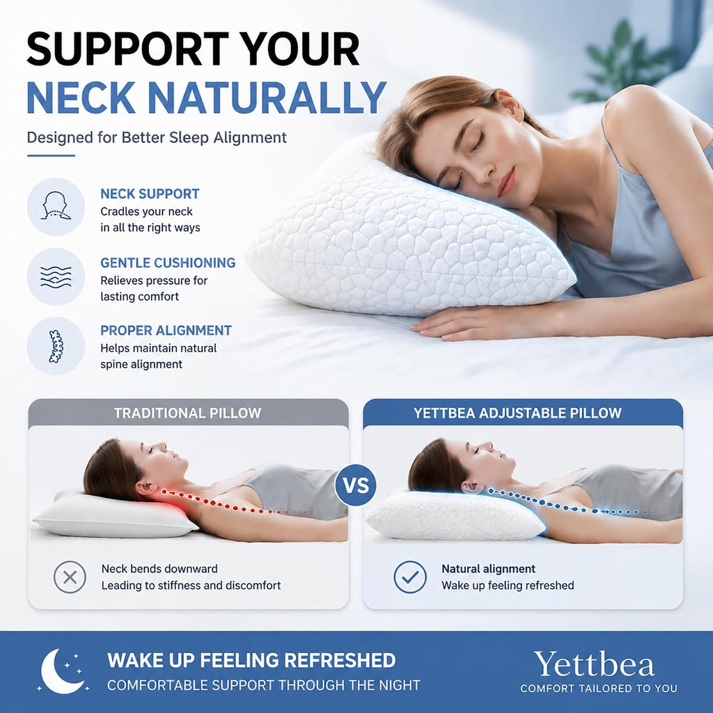 Bamboo Cooling Shredded Memory Foam Bed Pillows Queen Size Set of 2 | Plush Firm Support, Neck Pain Relief