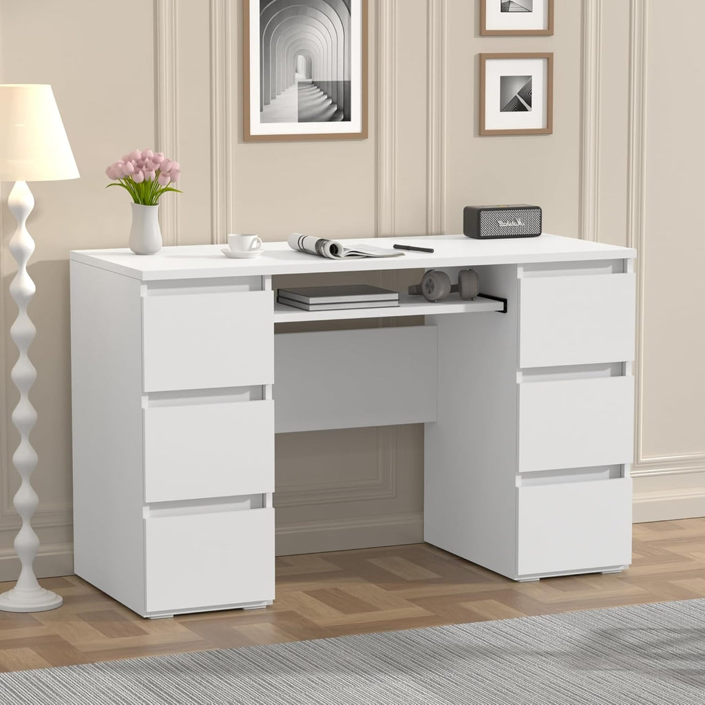 Computer Desk with 6 Drawers, 47'' Home Office Desk with Storage & Keyboard Shelf, White Gaming Desks