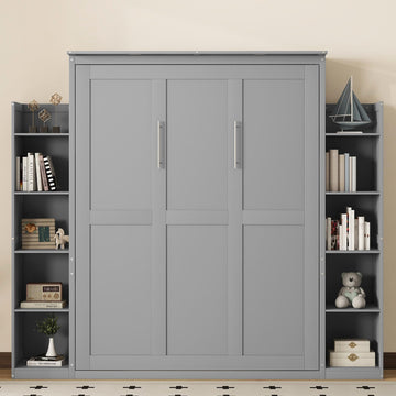 Queen Size Murphy Bed, Wooden Queen Wall Bed with Shelves and LED Lights, Gray