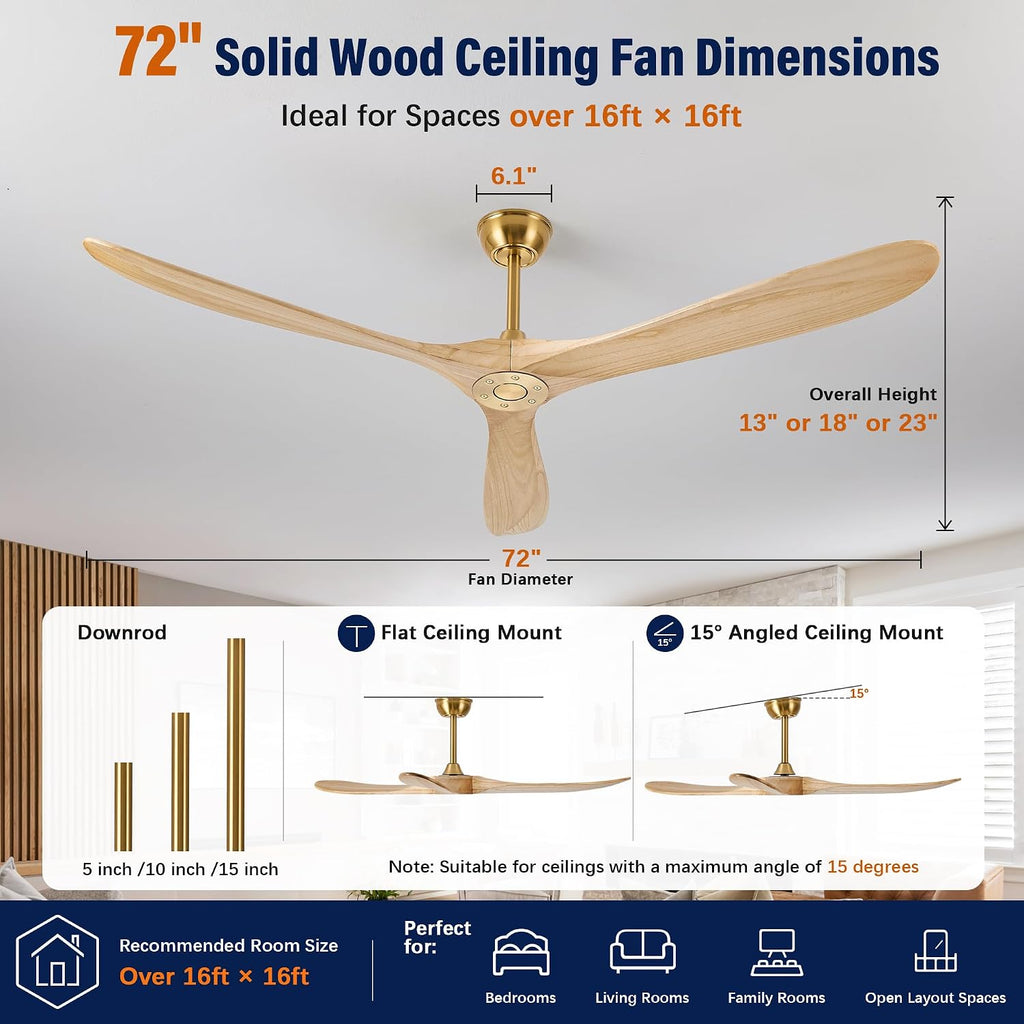 Inspired Maverick Style 72" wood ceiling fan, Brass Gold