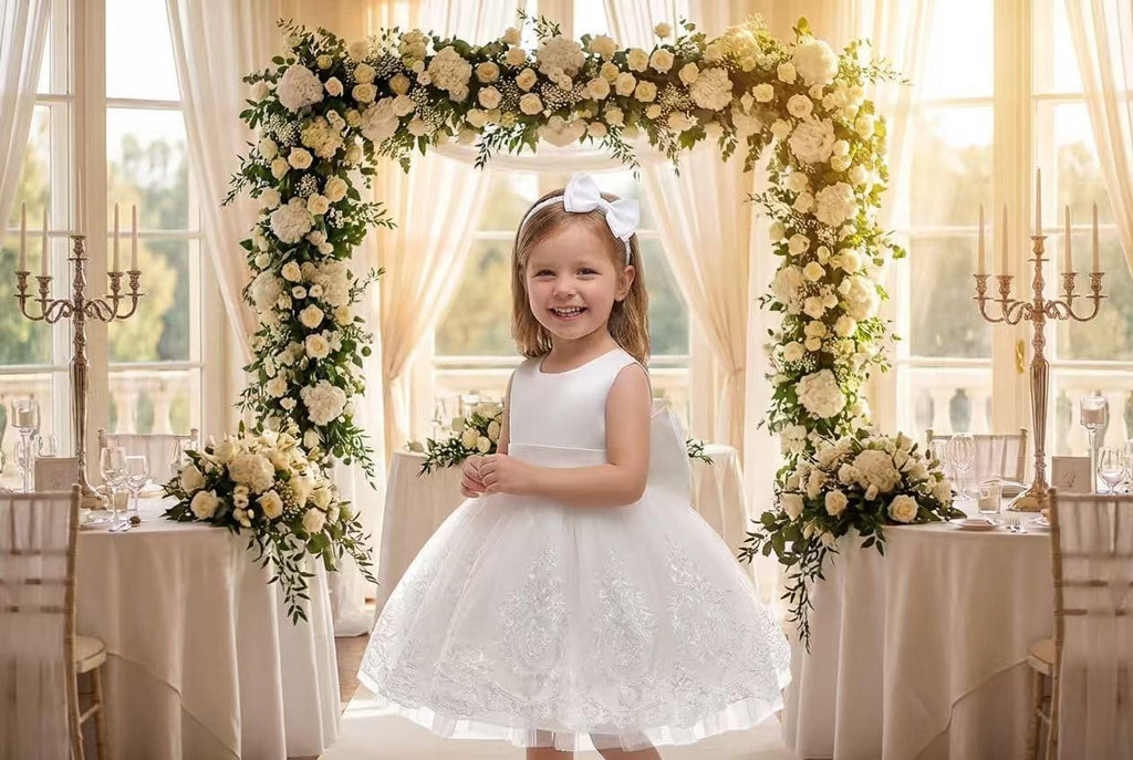 Big Bowknot Toddler Baby Girls Formal Dresses Pageant Party Lace Embroidery Dress with Headwear