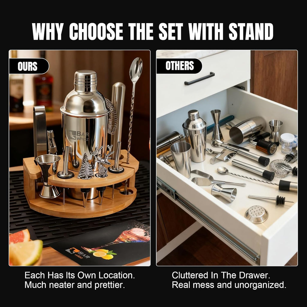 Silicone Pad Included Cocktail Shaker Set Bartender Kit,Mixology Bartender Kit 13-Piece with Bamboo Stand,Martini - Set of 13