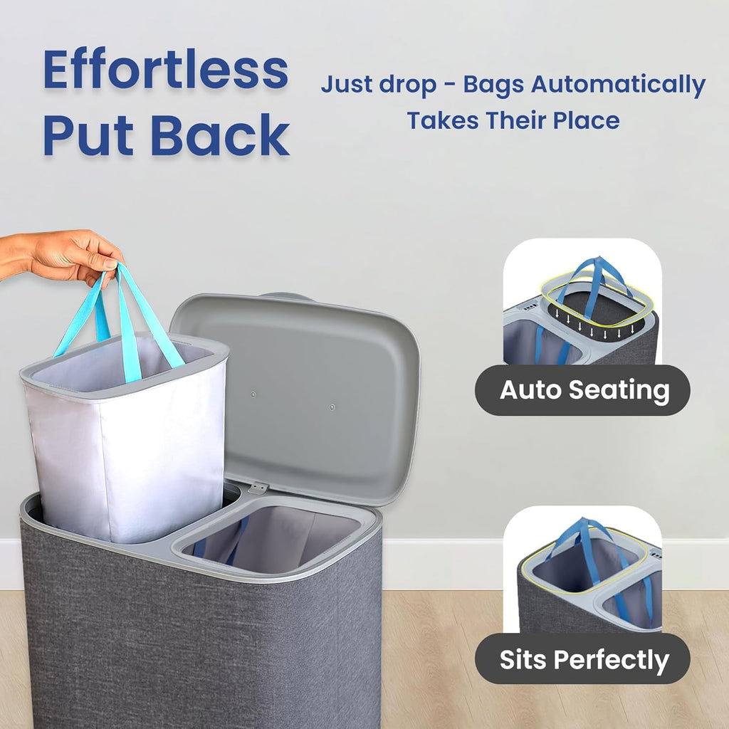 Dual Section 90L Laundry Basket with Wheels and Lid - Tall divided Double Laundry Hamper with 2 Removable Washable