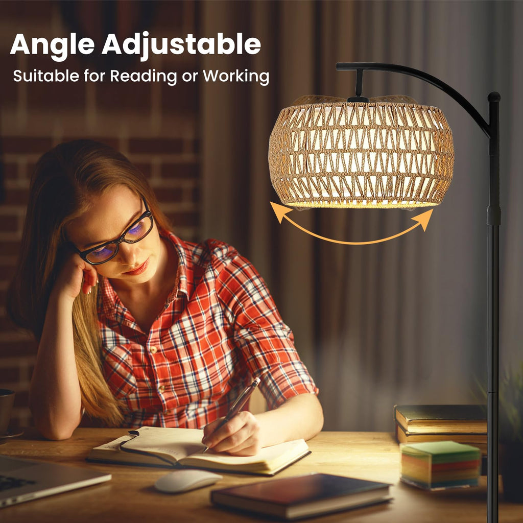 Arc Floor Lamp, Farmhouse Floor Lamps with Remote Control & Dimmable Bulb, Boho Rattan Tall Standing Lamp Office