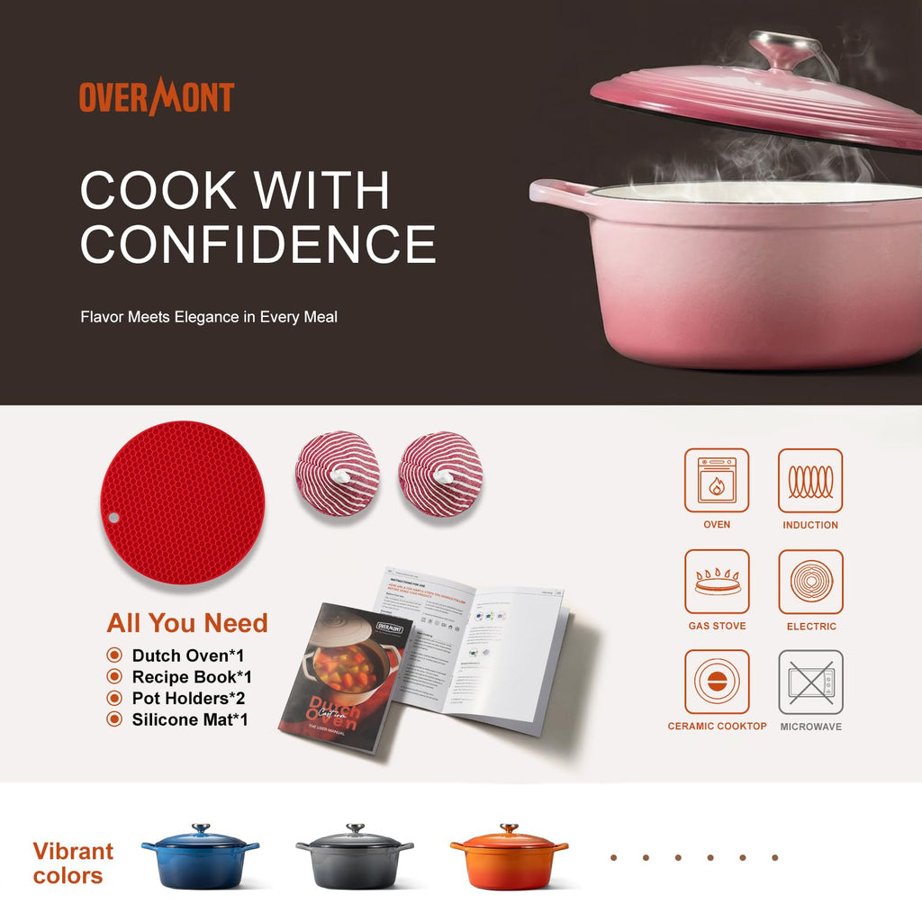 Enameled Cast Iron Dutch Oven - 5.5QT Pot with Lid Cookbook, Pink