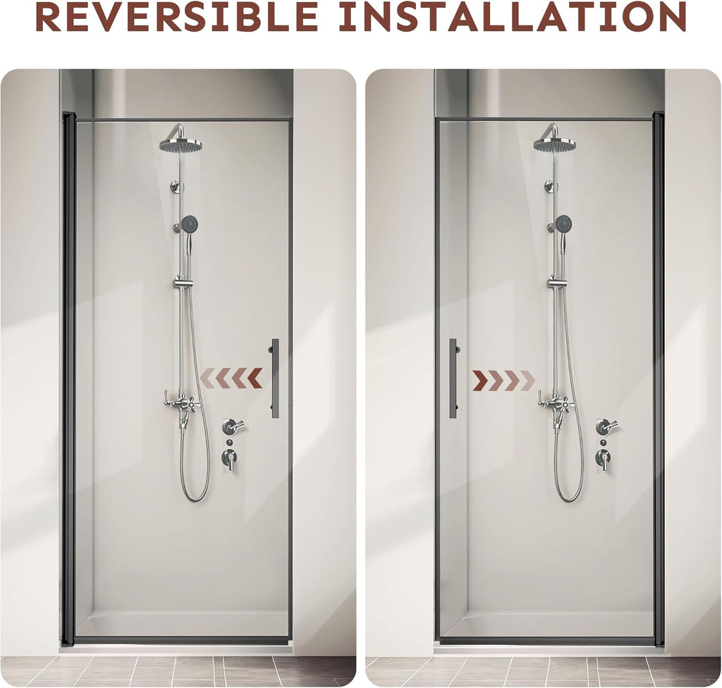 36" Wx72 H Frameless Reversible Pivot Shower Door, 1/4" Clear SGCC Tempered Glass, 304 Stainless Steel Hardware