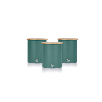 Nordic Scandi Set of 3 Storage, Tea, Coffee and Sugar Canisters, Pine Green, Steel, Bamboo Lid, 1 Size