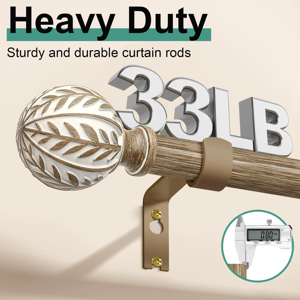 2 Pack Boho Wood Curtain Rods for Windows 28 to 48 inch, 1" Adjustable Heavy Duty Window Curtain Rod with Imitation