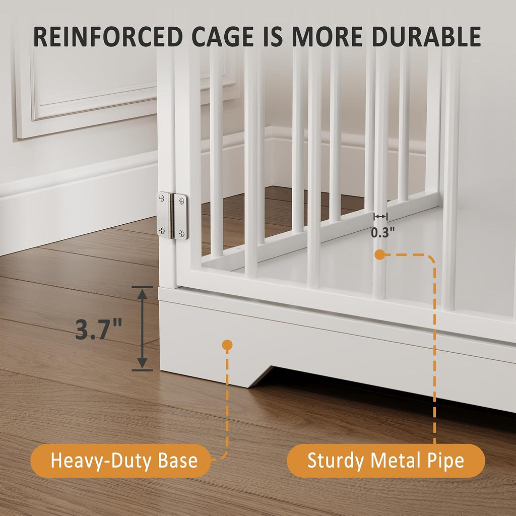 Heavy Duty Wooden Dog Crate Furniture End Table - Farmhouse Style Indoor Dog Bed with Bowls & Storage Drawers