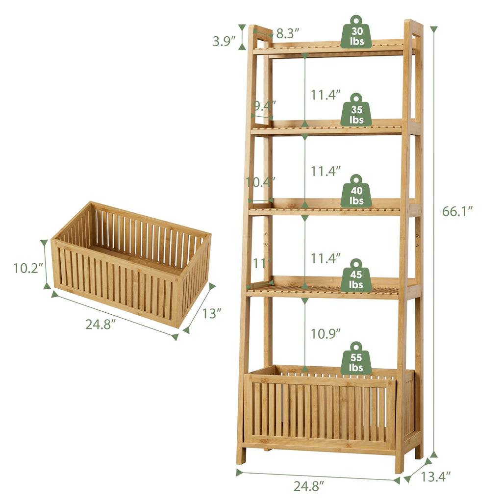 Bamboo Ladder Shelf, Bookshelf with 4 Display Shelves and 1 Open Storage Basket, Multifunctional Storage Rack