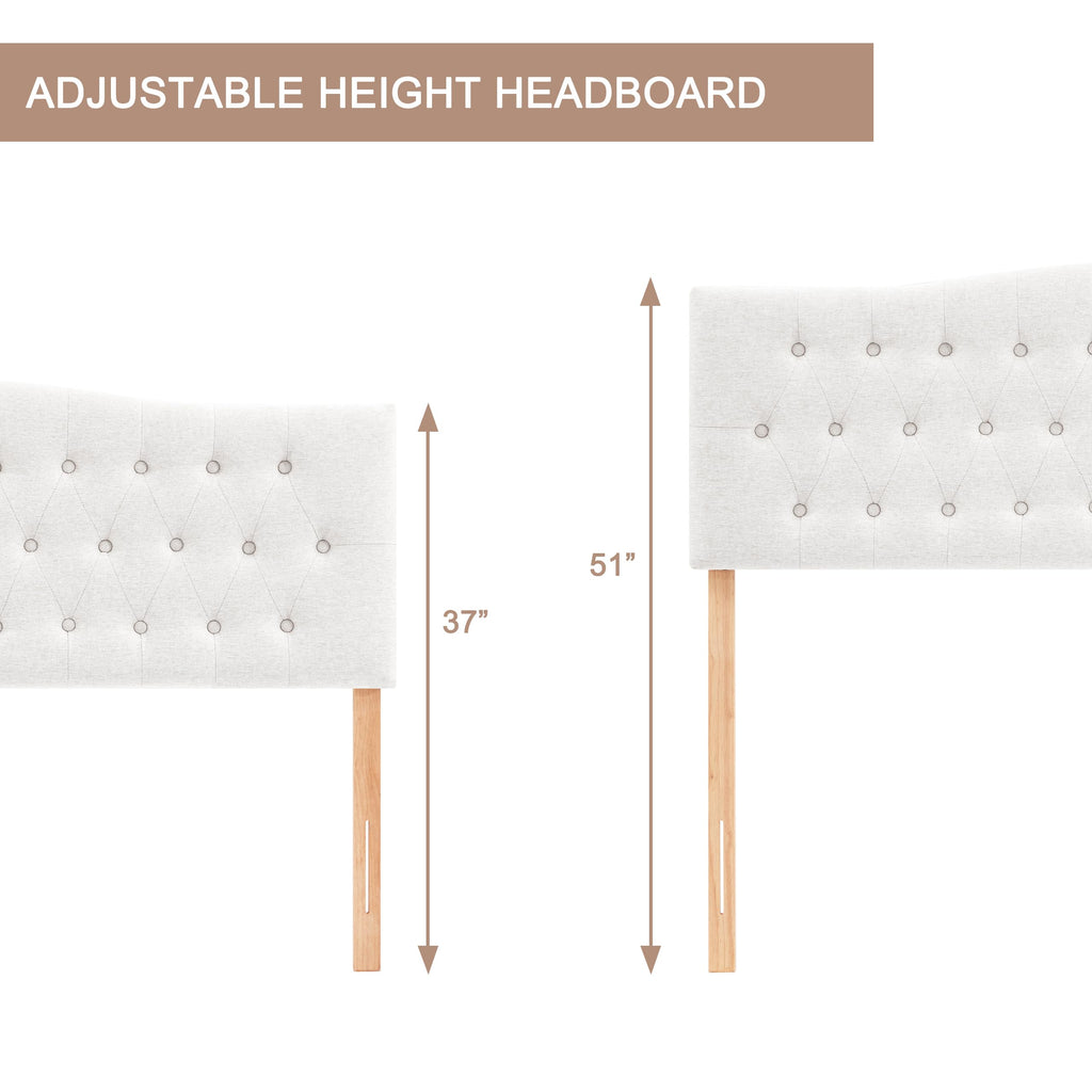 Tufted Headboard Full Size, Solid Wood Adjustable Height Head Board, White