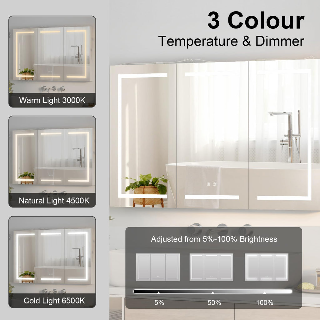 Large Medicine Cabinet, LED Lighted Medicine Cabinets with 3 Doors, Wall Mounted Bathroom Mirror with