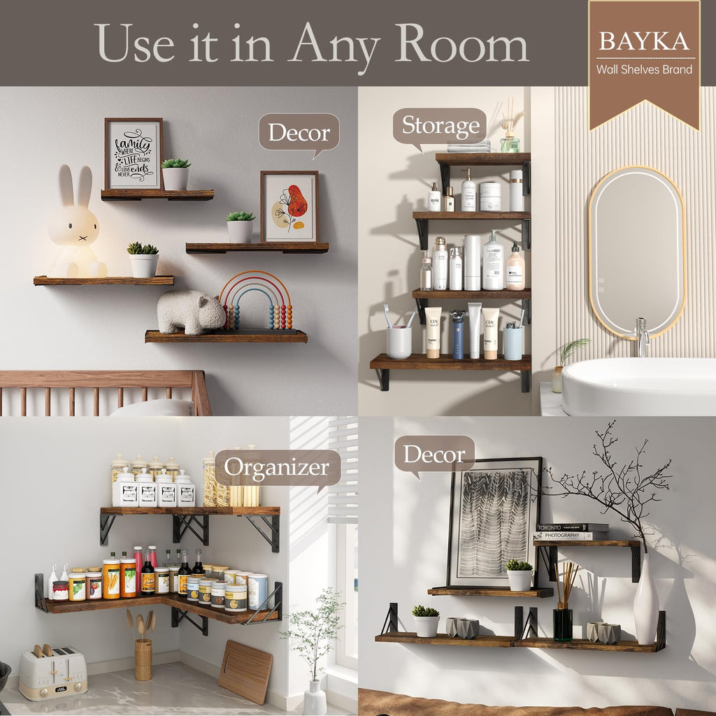 Wall Mounted Floating Shelves (Rustic Brown, Set of 4, 16" Mixed)