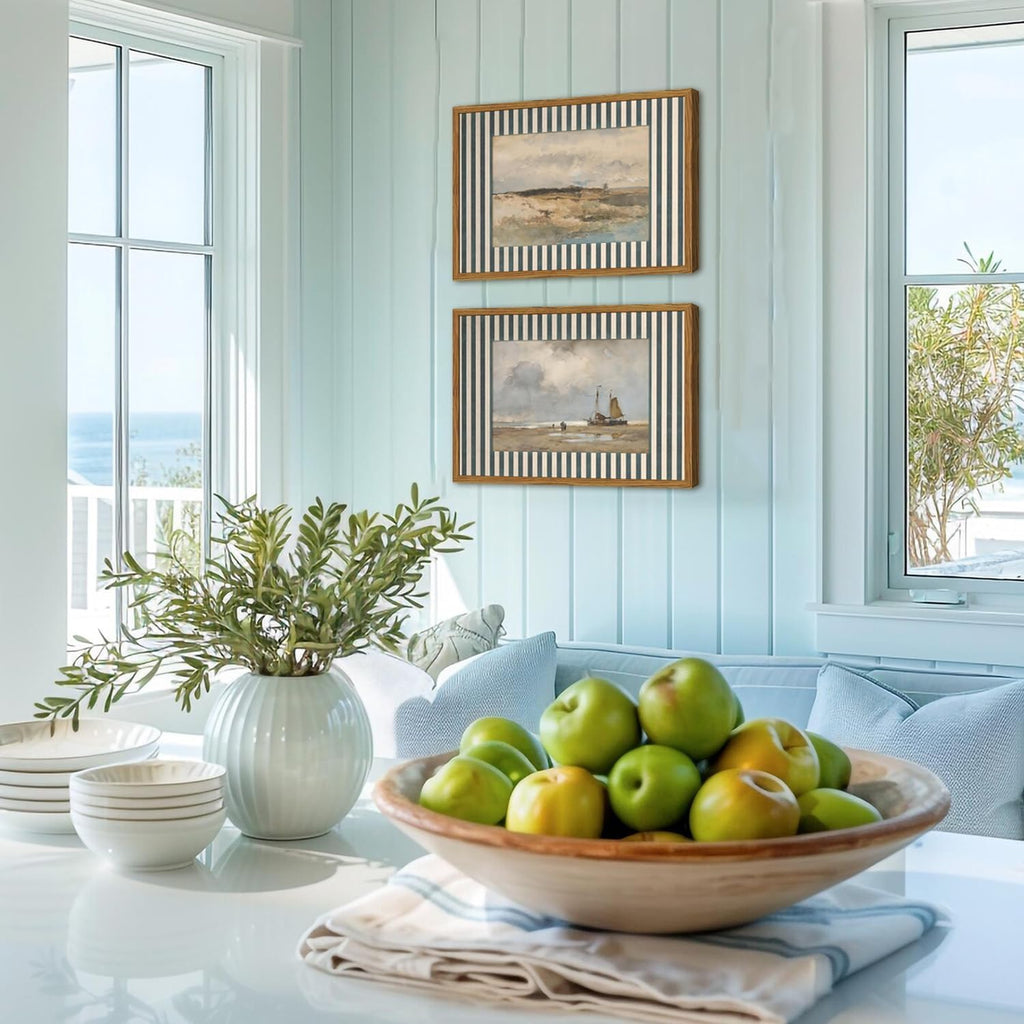 Framed Vintage Coastal Landscape Wall Art Set of 2, Retro Blue and White Striped Beach Sailboat Pictures Wall Decor