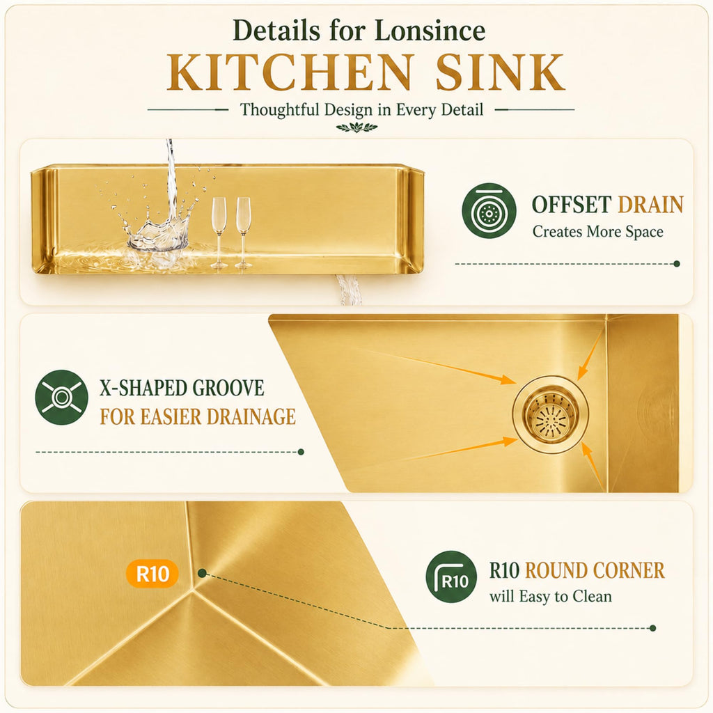 Gold Kitchen Sink Offset Drain, 30"X18" Undermount Single Bowl Sink