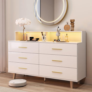 6 Drawers Dresser with LED Light and Power Outlet, Wood White Dressers & Chests of Drawers, Large Double Dressers