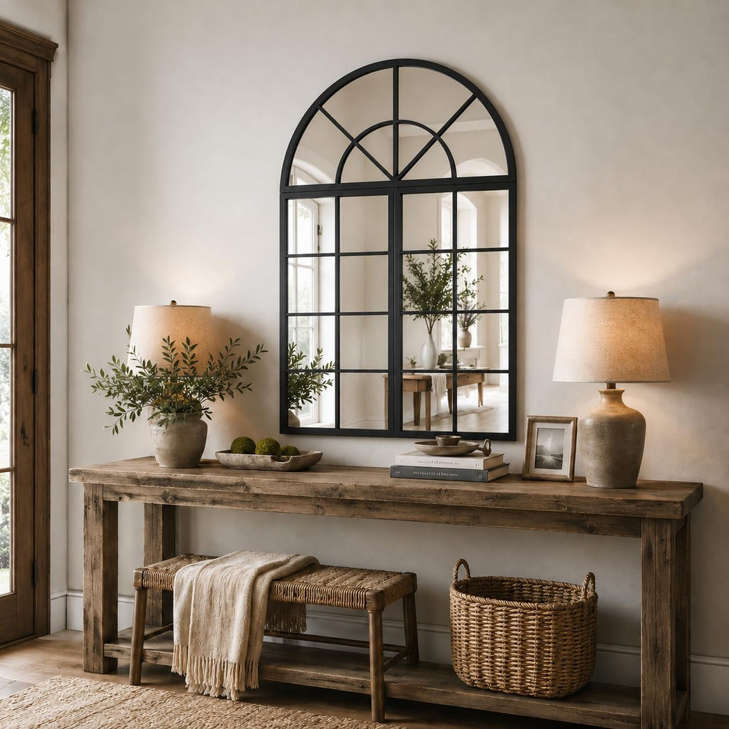 Large Black Arched Window Mirror, 32 x 47.2 in, 3-Piece Set