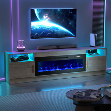 Electric Fireplace TV Stand with 42 inch Fireplace Up to 90" TVs-Led Entertainment Center, High Glossy Doors-80 inch