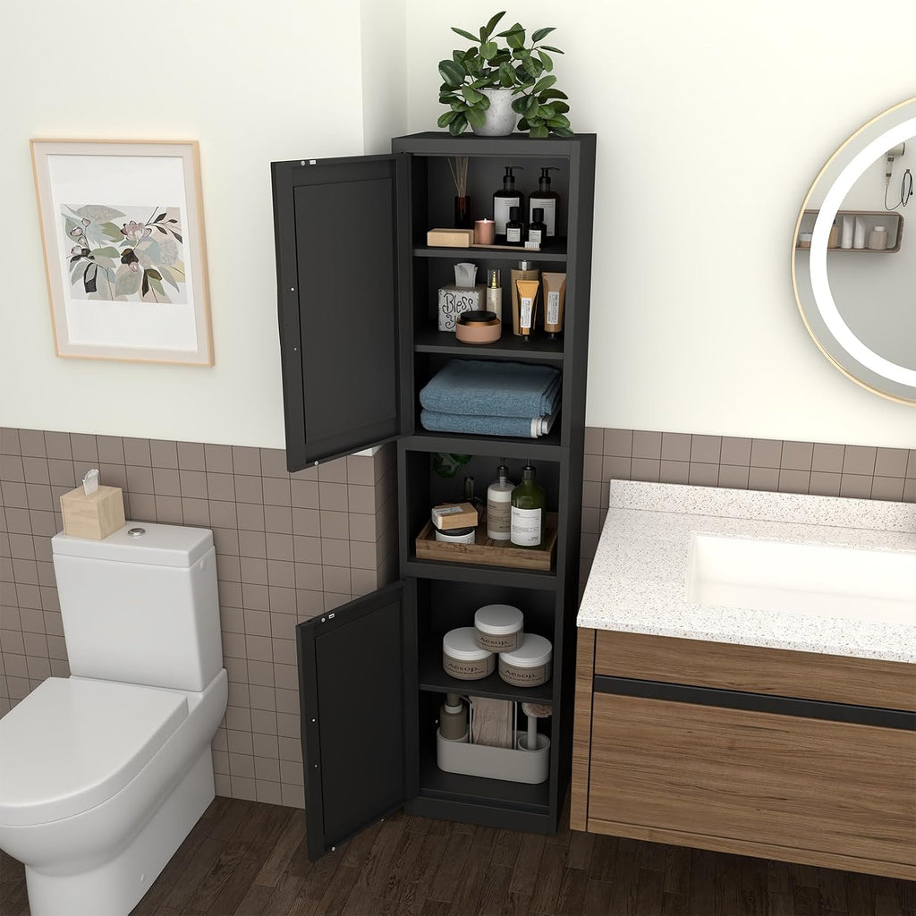 67" Metal Bathroom Storage Cabinet, Black | Tall Narrow Design, 2 Doors & 6 Shelves, Slim Skinny Cabinet, Multi-Room