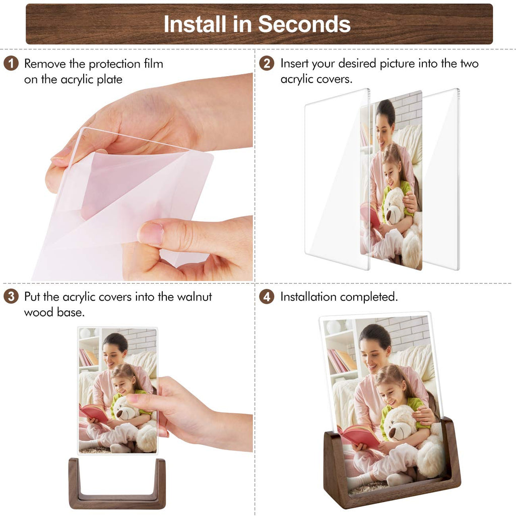 4x6 Picture Frame 2 Pack - Rustic Wood Picture Frames with Walnut Wooden Base and High Definition Break Free Acrylic