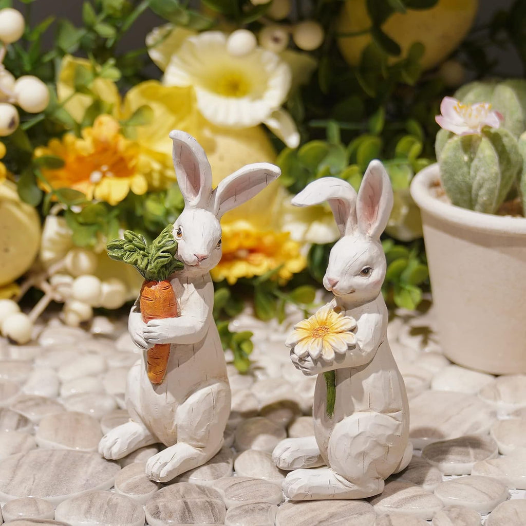 Easter-Decorations Bunny-Decor Spring-Figurines Table-Centerpiece - Spring Decorations Resin Rabbits with Carrot - Set of 2