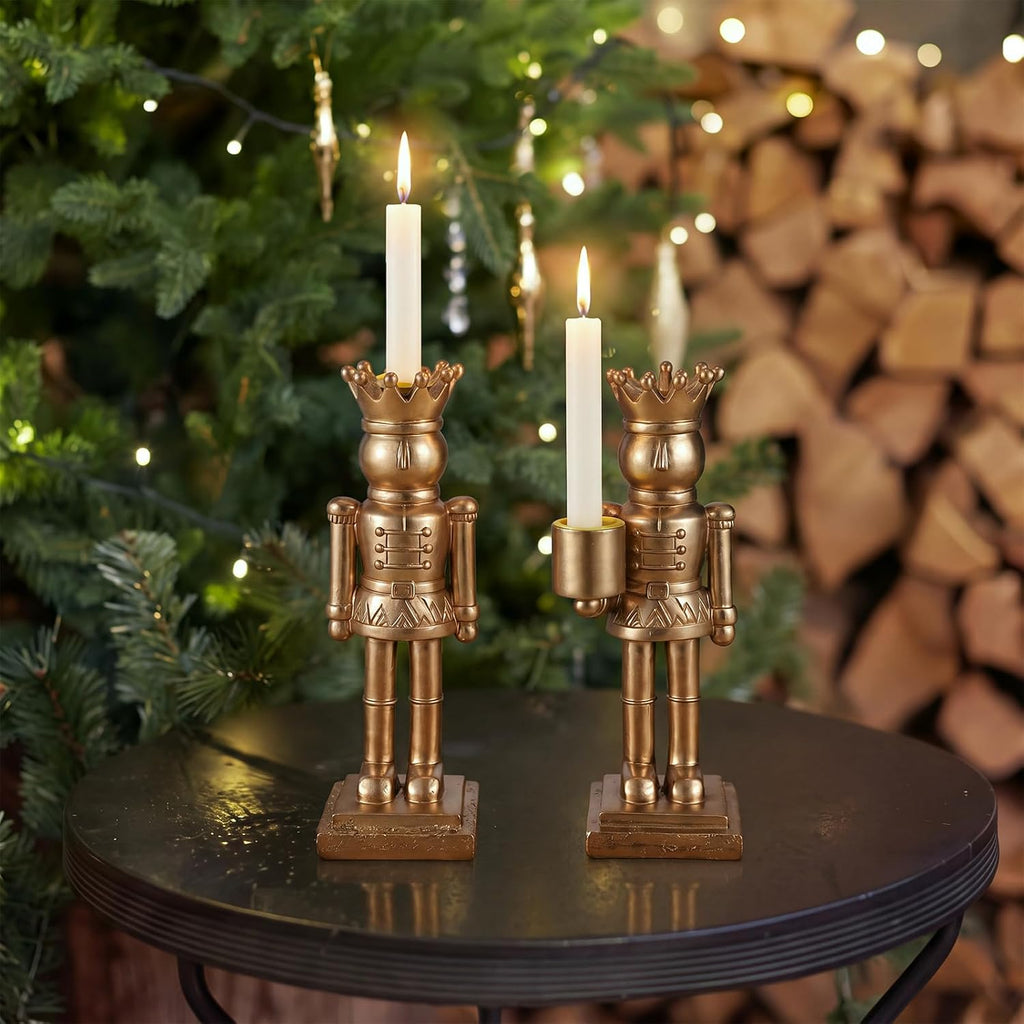 2 Pcs Gold Taper Candle Holders, Christmas Nutcracker King