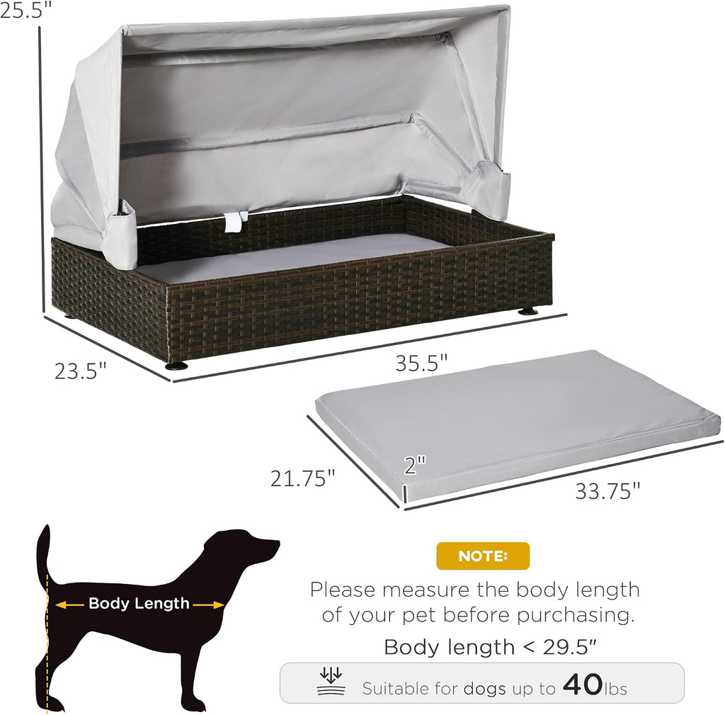 Rattan Dog Bed, Elevated Pet Sofa, Wicker Cat House, Indoor/Outdoor Use, for Garden Patio with Foldable Canopy