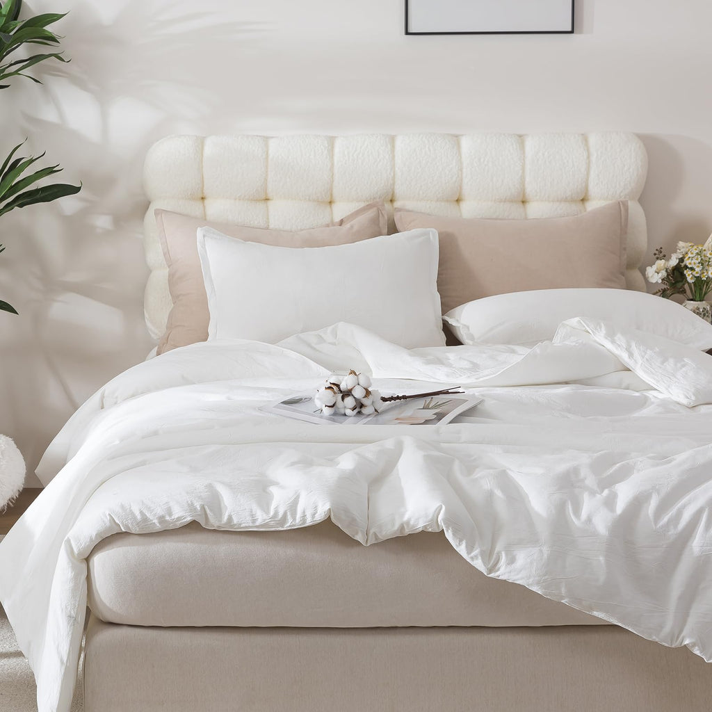 White Comforter Set Full Size, Cotton Fabric with Microfiber Inner Filling 3 Pieces Linen Like Bedding Set, Soft Boho