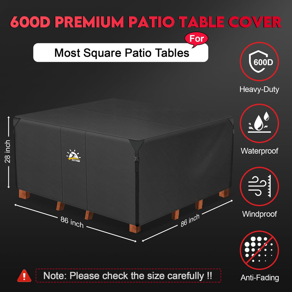 Patio Furniture Cover Square - 600D Outdoor Table Cover Waterproof & Heavy Duty, 86 Inch Large Lawn Furniture Set