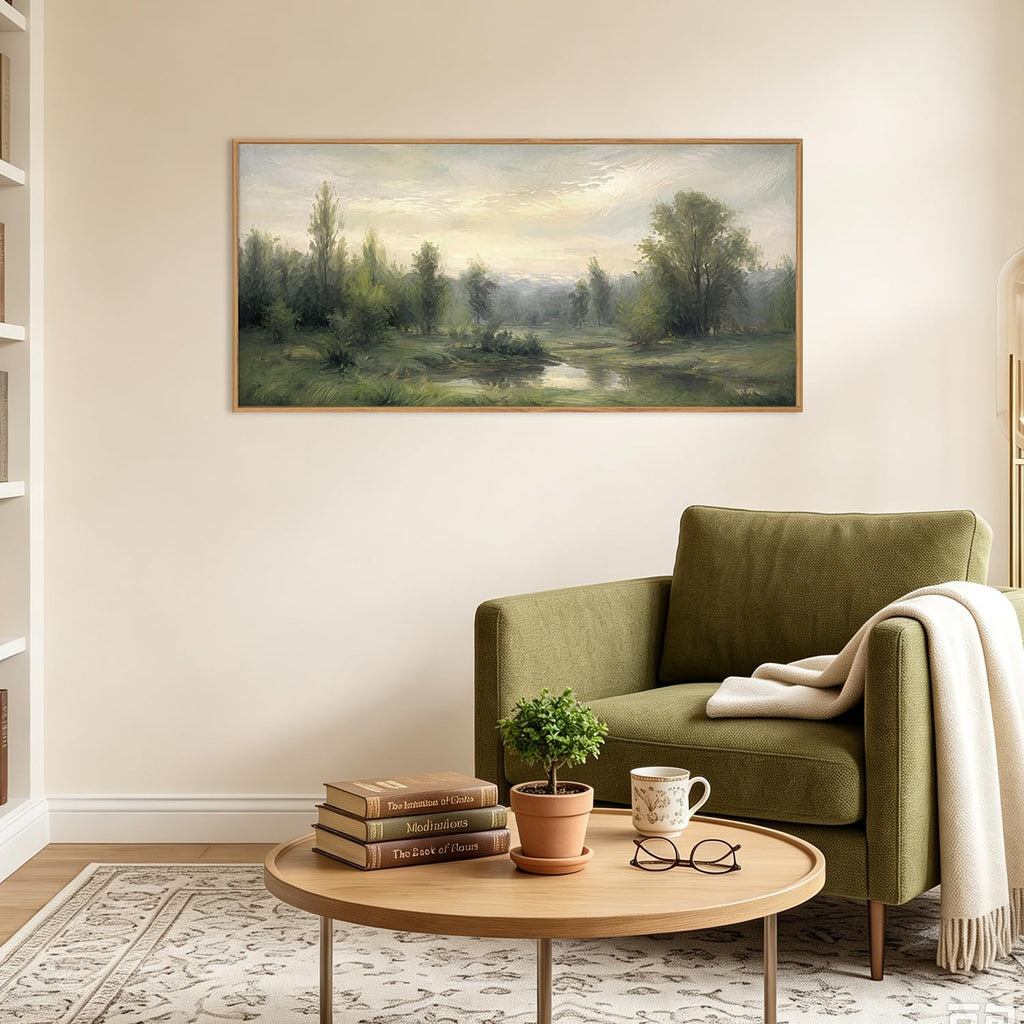Abstract Monet Forest Canvas Wall Art 40x20 Inch Vintage Framed Sage Green Nature Painting Textured Neutral Woodland