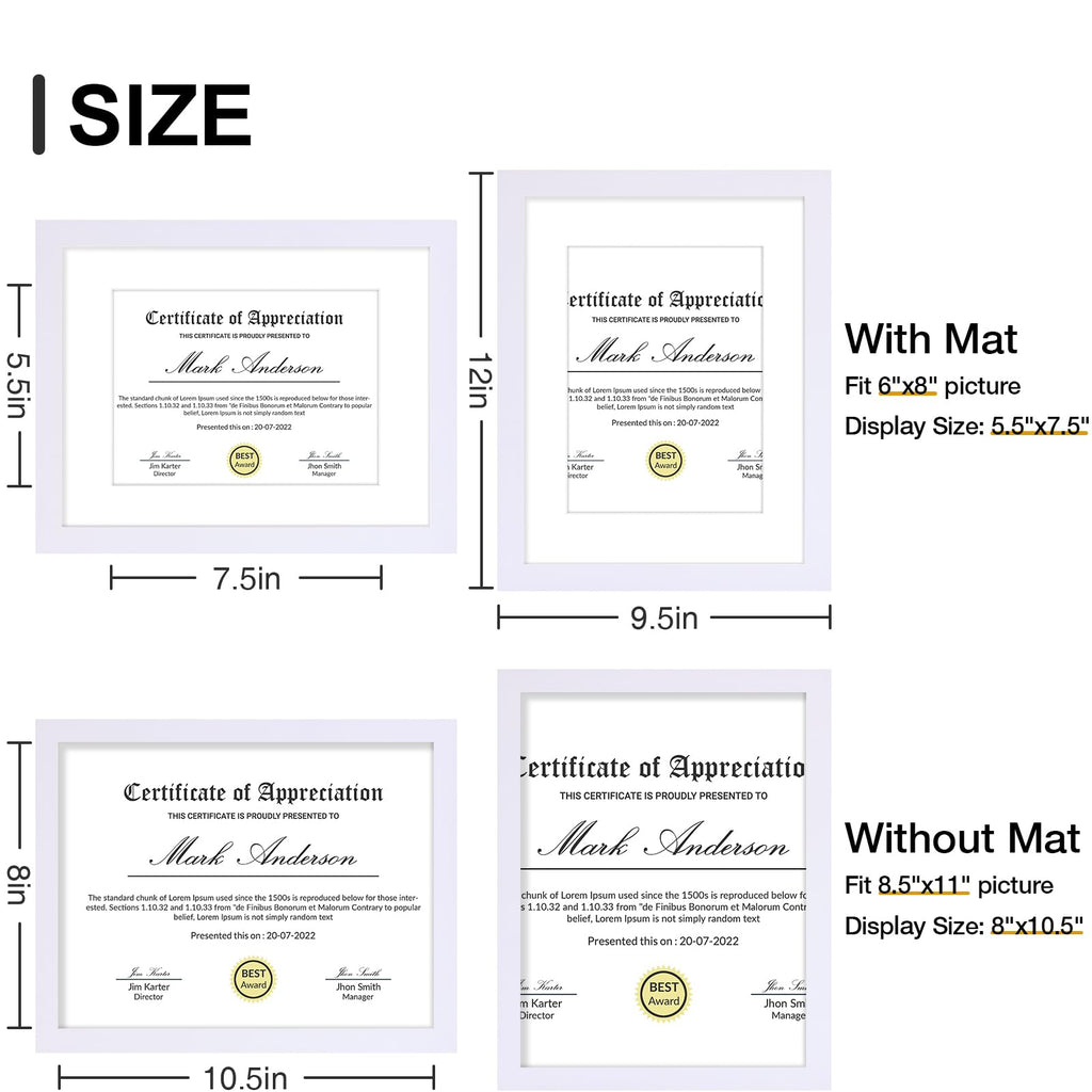 8.5x11 Picture Frames Set of 9 for Wall Mount or Tabletop, White