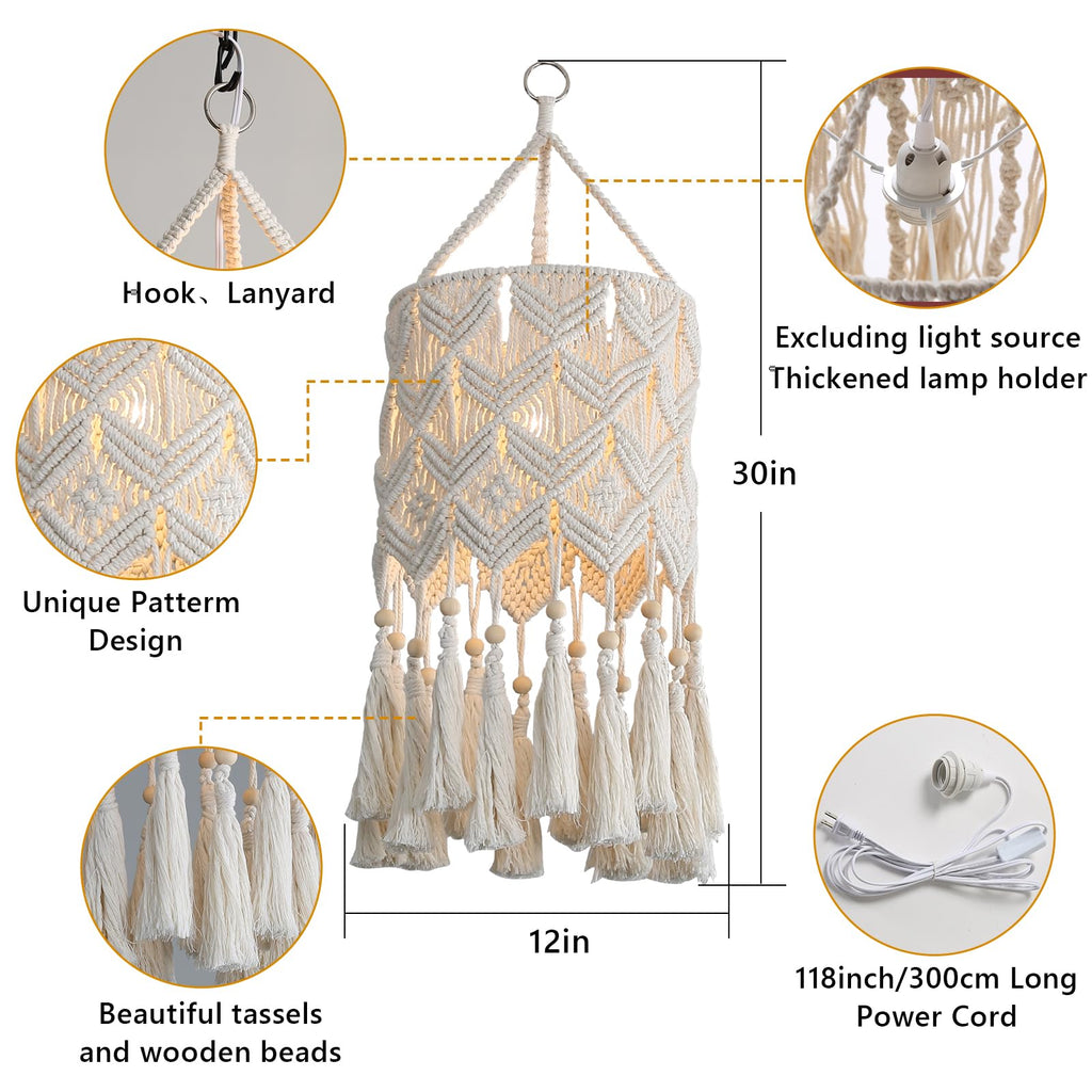 Boho Hanging Lamp, Macrame Lamp Shade, Pendant Light with Cord(9.8FT)