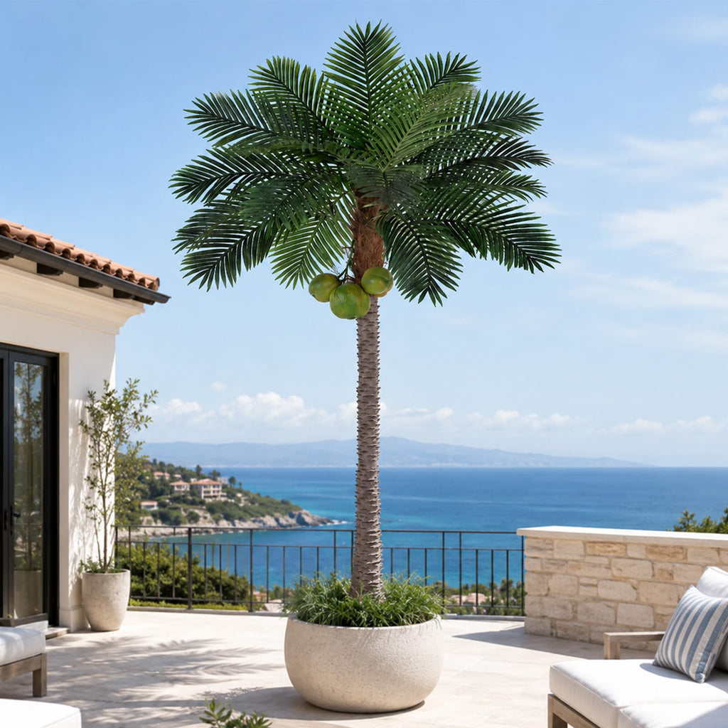 9ft Tall Artificial Phoenix Palm Tree with 3 Coconut Fruits, Large Fake Tropical Silk Tree Outside, Fake Tree Perfect