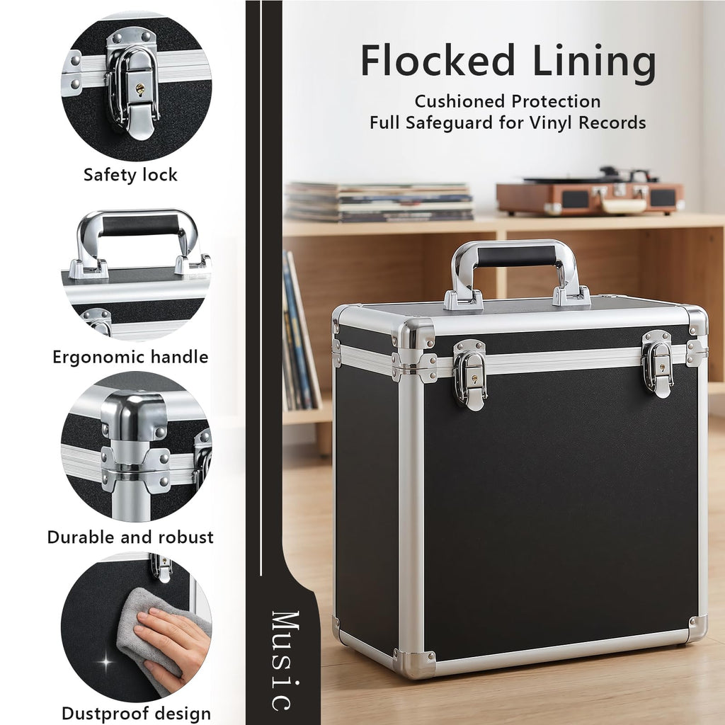 Vinyl Record Storage Box Holds 30 LPs for 7/10/12 Inch Records, a Lockable Aluminum Crate & Record Holder for