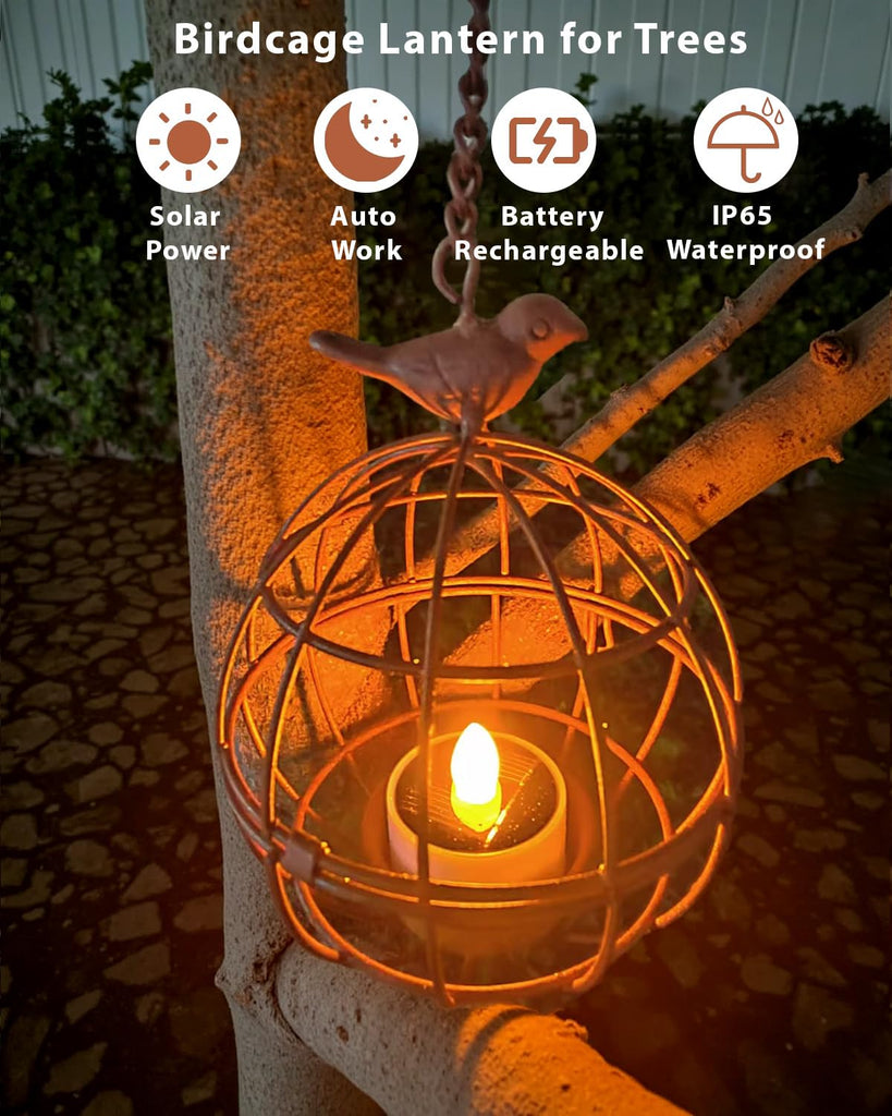 Outdoor Solar Hanging Lantern Lights, 4 Pack Rustic Ball Birdcage Hanging Candle Holder with Solar Tea Lights