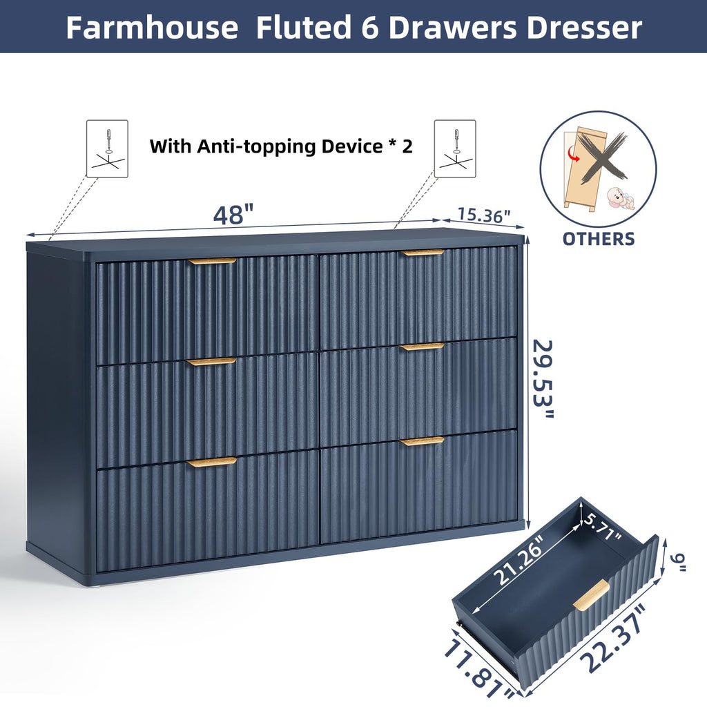 Fluted 6 Drawers Dresser, 48" Wide Modern Chest of Drawers with Wood Grain Top, Curved Profile Design, Dresser TV