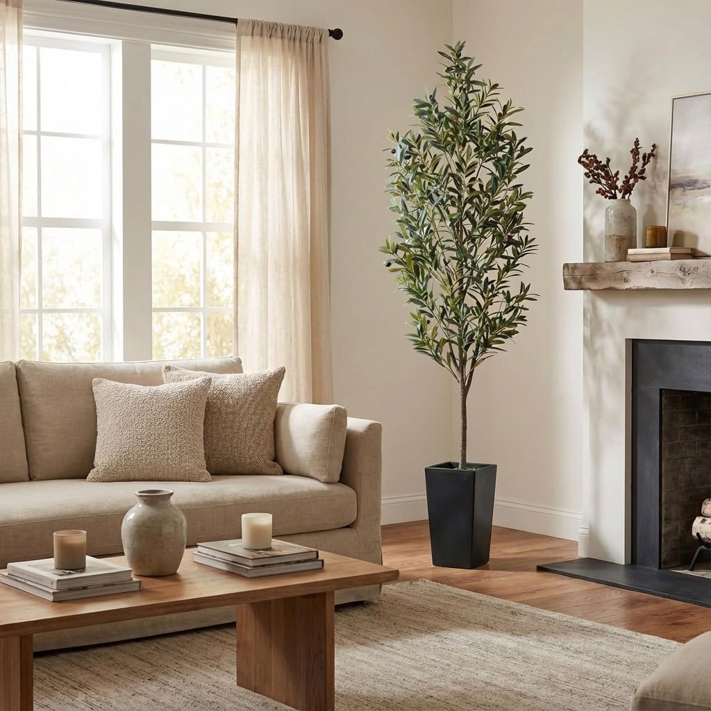 7ft Artificial Olive Tree Decor, 7 ft Large Faux Plant Fake Skinny Silk Trees with Pot for Indoor Outdoor House
