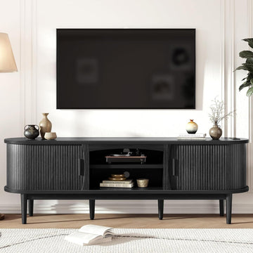 Mid Century TV Stand for TVs up to 80 Inches, Entertainment Center with Storage, Power Outlet, Fluted Sliding Doors &