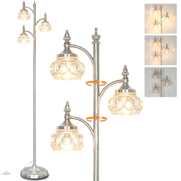 Brushed Nickel Floor Lamp 66.5'' Tall Standing Lamp Dimmable Tree Floor Lamps with 3 LED Lights Glass Shades Silver