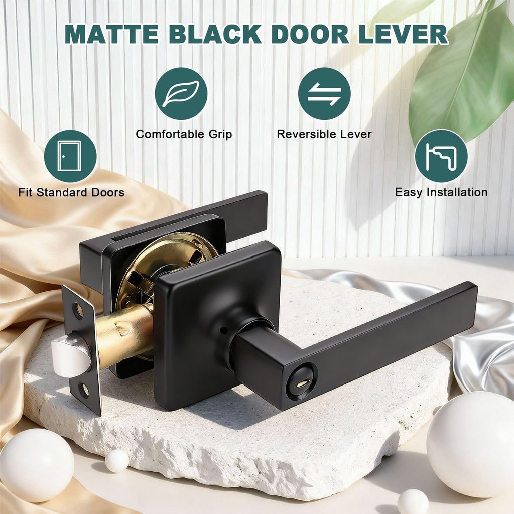 3 Pack Matte Black Privacy Door Handles Black Lever Door Handle Interior with Lock Square Privacy Door Levers Black