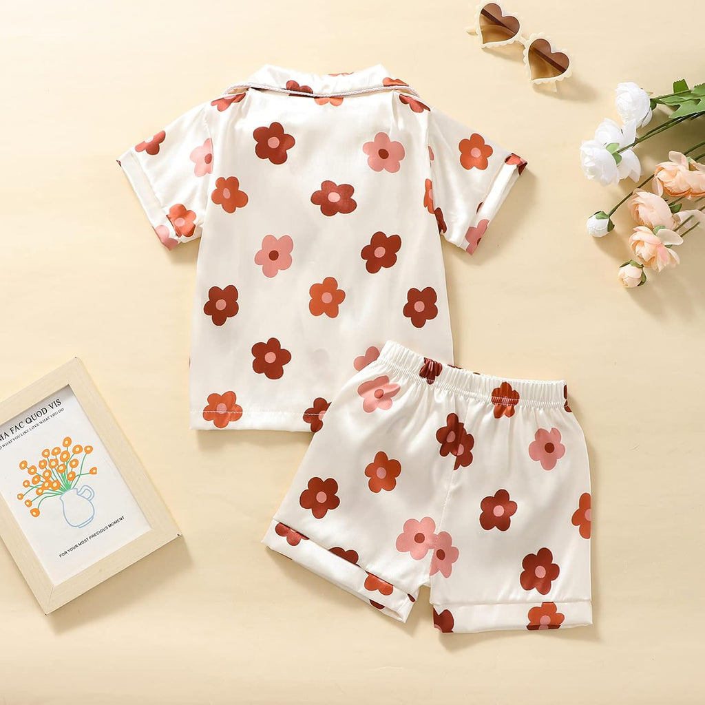 Toddler Girls Floral Silk Pajamas Short Sleeve Button-Up Top Shorts Summer 2PC Flowers Satin Pajamas Set