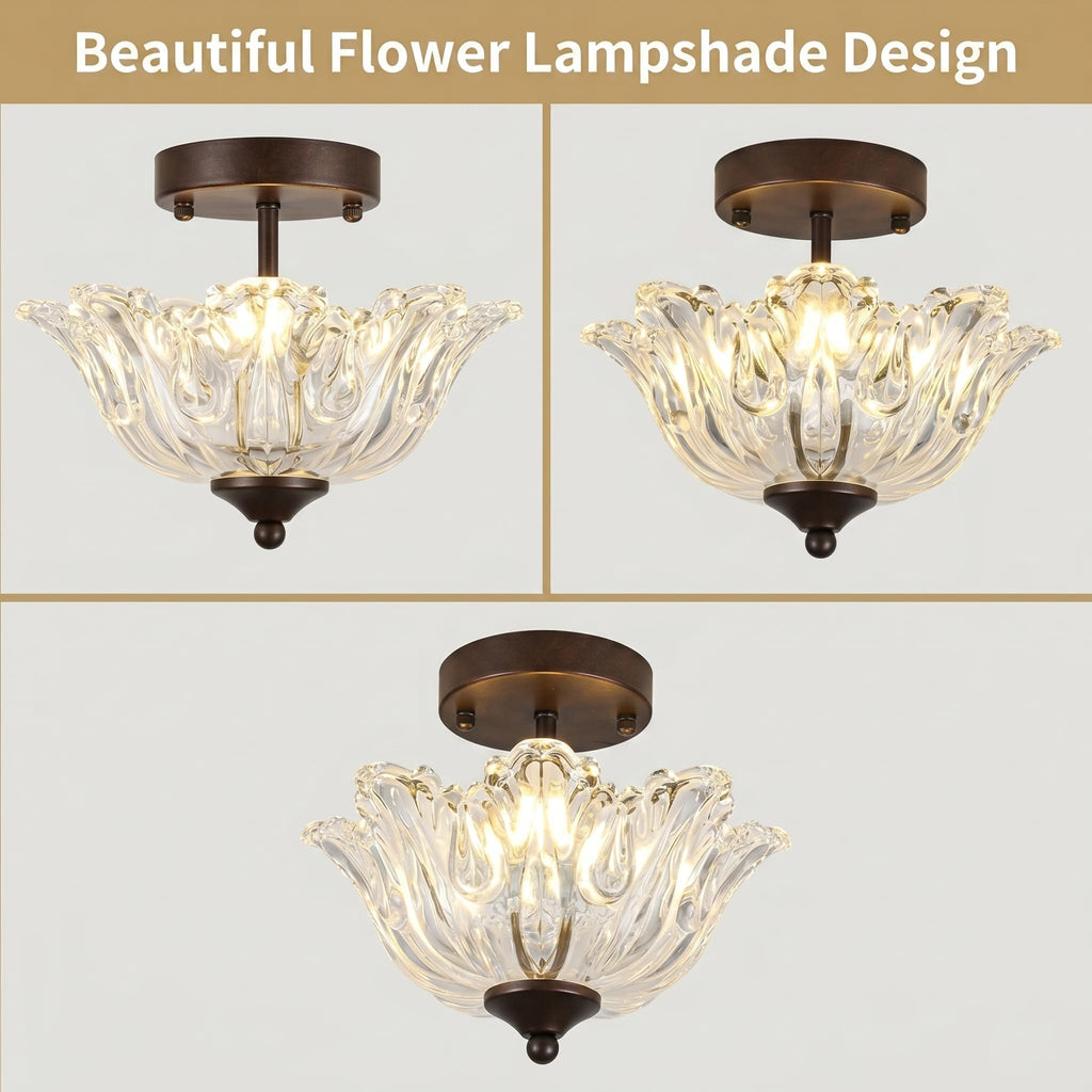 Semi Flush Mount Ceiling Light, Oil Rubbed Bronze Vintage Light fixtures with Floral Clear Glass Shade, Modern