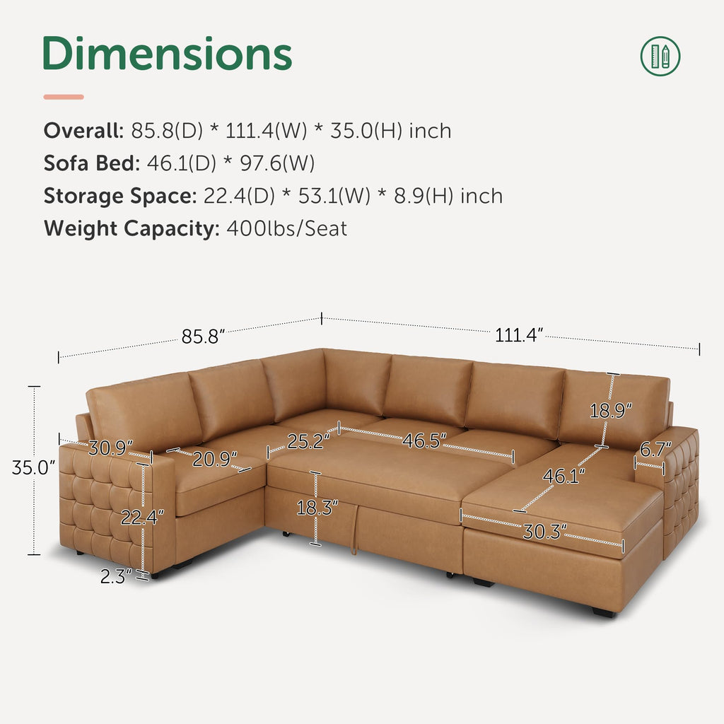 Sleeper Sectional Couch with Pull-Out Bed Sectional Sleeper Sofa Pull Out Bed with Storage Chaise, 6 Seaters Couch