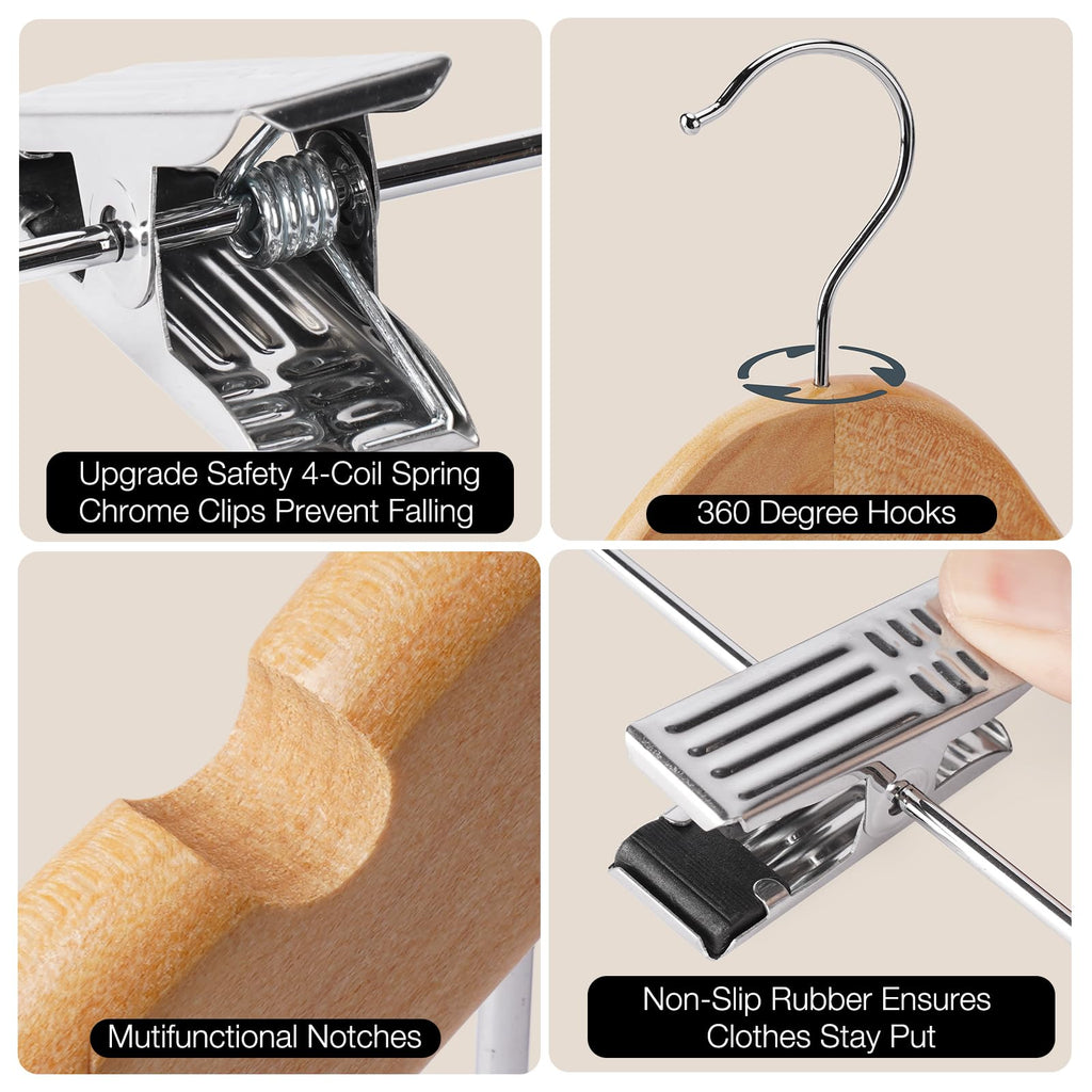 Wooden Hangers with Clips 24 PCS Pants Hangers with Clips, Smooth Solid Wooden Pants Hangers, 360 Swivel Hooks &