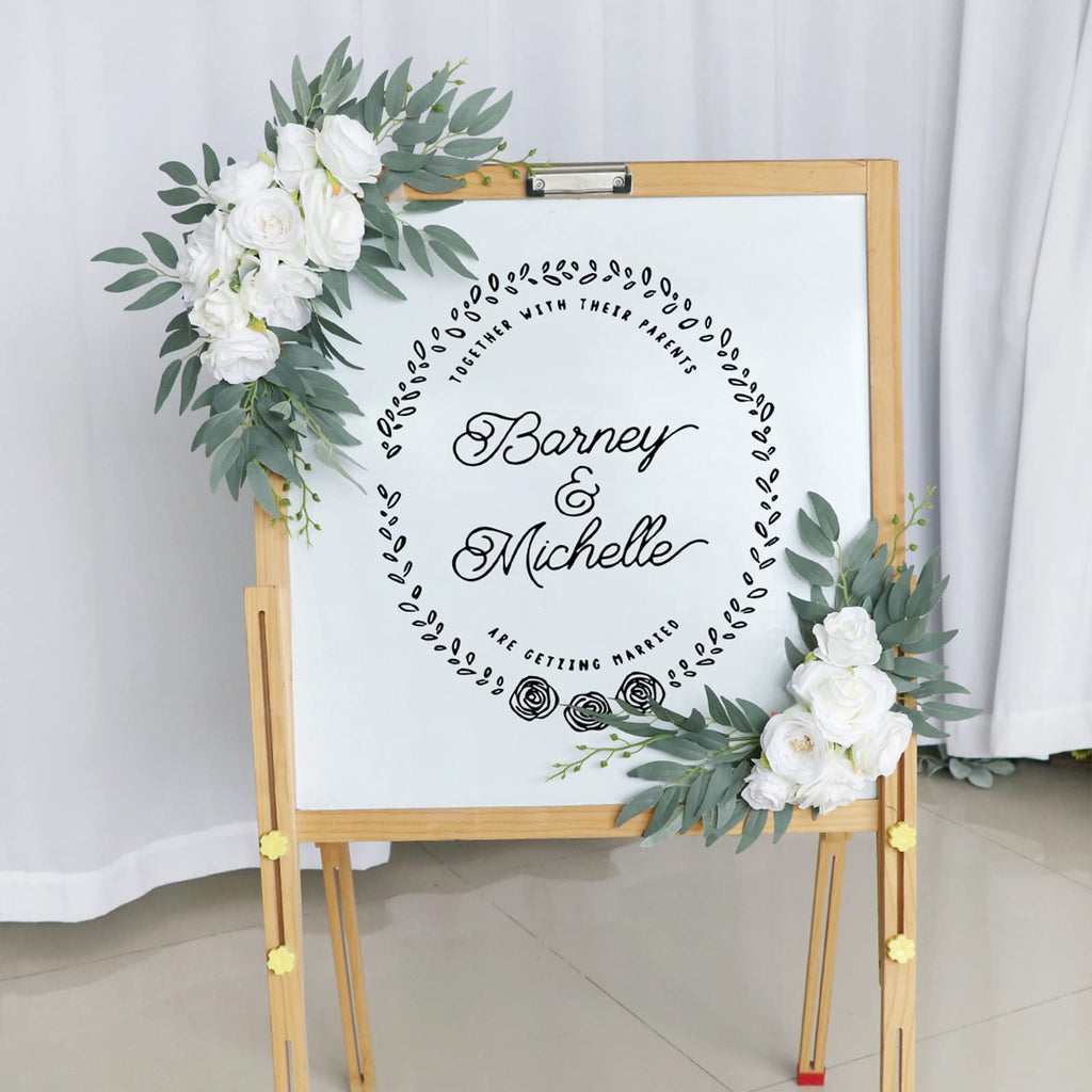 2 Pack Artificial Wedding Arch Flowers, Artificial White Roses Flower Swag Fake Peony Floral Swags with Green Leaves