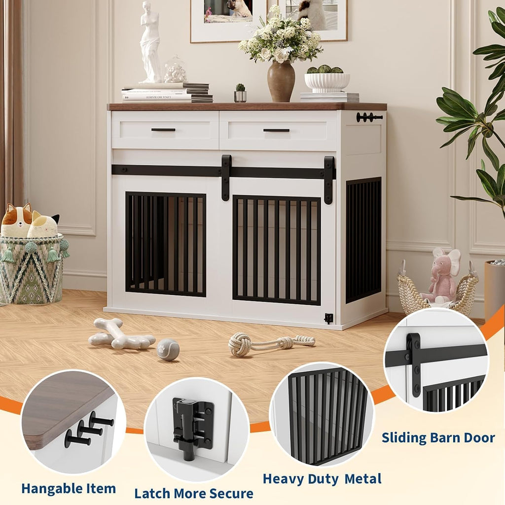 Large Dog Crate Furniture with 2 Storage Drawers, Heavy Duty Wooden Pet Kennel with Sliding Barn Door & Hook, Dog
