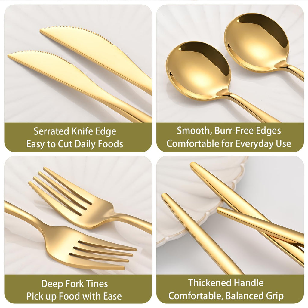 60-Piece Gold Silverware Set for 20, Food Grade Stainless Steel Flatware Set with Thickened Forks Spoons Knives