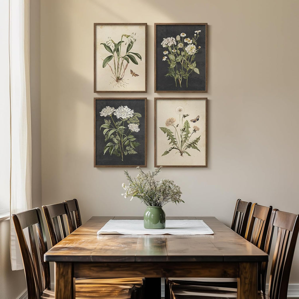 Framed Vintage Botanical Wall Art Bedroom, 4 Piece Rustic Farmhouse Floral Canvas Prints Artwork, Neutral Flower