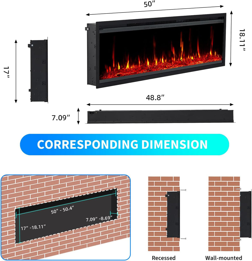 50 in Electric Fireplace Inserts, 750/1500W Recessed and Wall Mounted Fireplace Heater with Remote Control