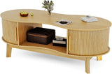 Coffee Table, Dual Oval Coffee Table with with Storage Cabinet and Sliding Tambour Door, 2-Tier Open Storage Shelf